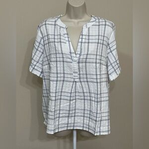 Gloria Vanderbilt Womens White & Blue V-Neck Short Sleeve High-Low Hem Blouse XL